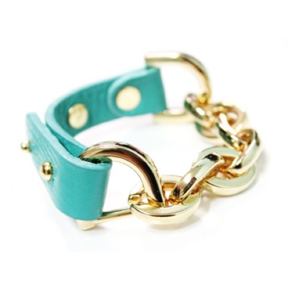Heyme Half Gold Chain Mint Leather Cuff Bracelet